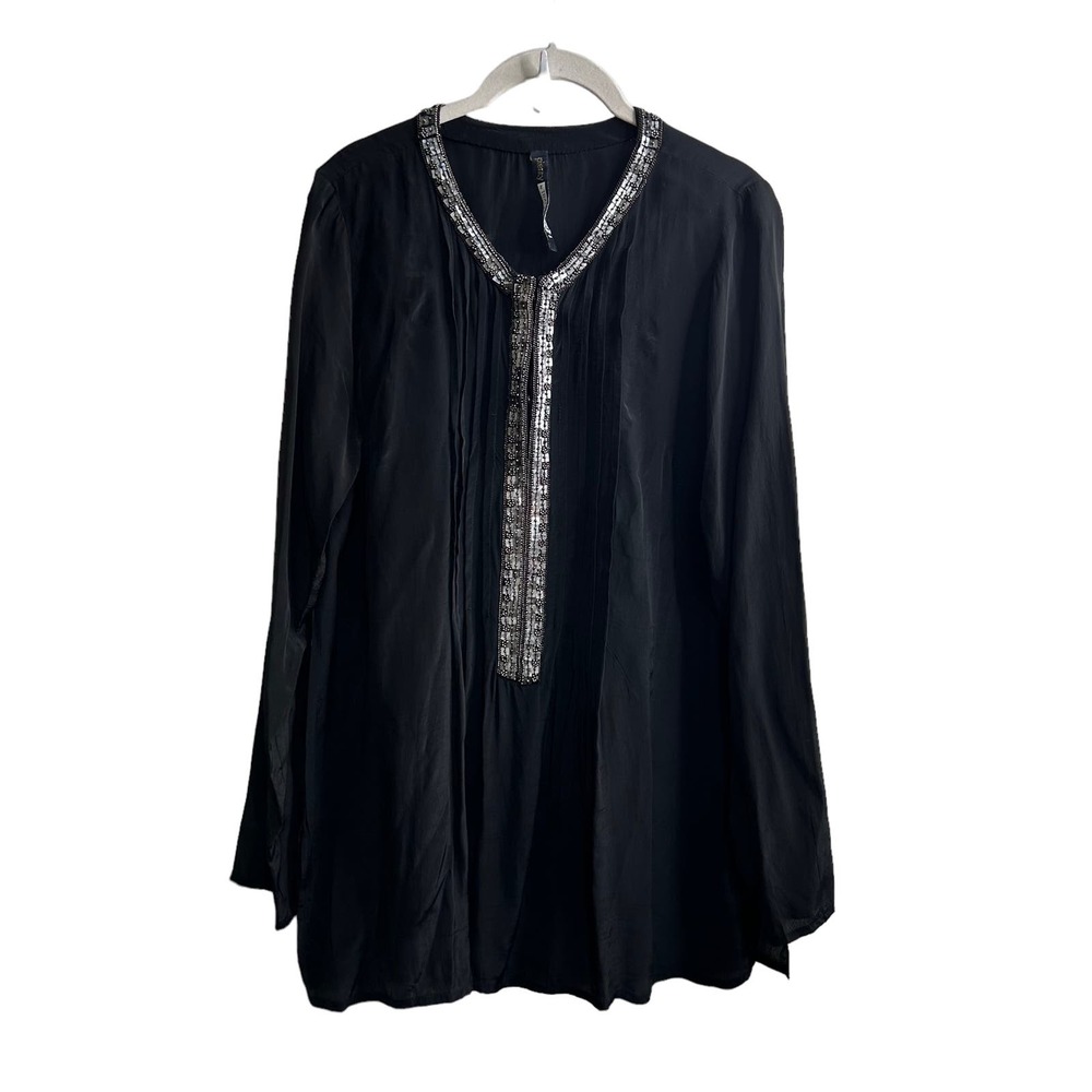 Plenty by Tracy Reese Black Beaded Metallic LagenLook Tunic Blouse OS Medium